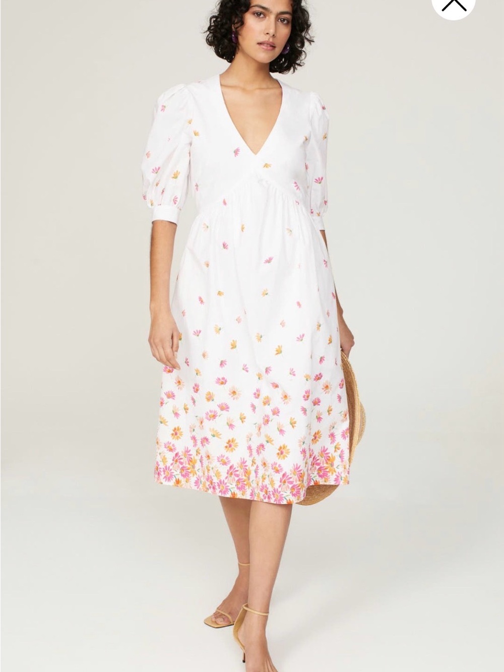 Aria cotton White Midi Dress with Pink and Yellow Floral Border